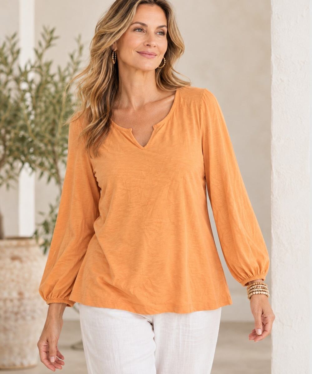 Soft Surroundings 1X Orange Cotton Slub Top Balloon Sleeve Boho Blouse Comfort